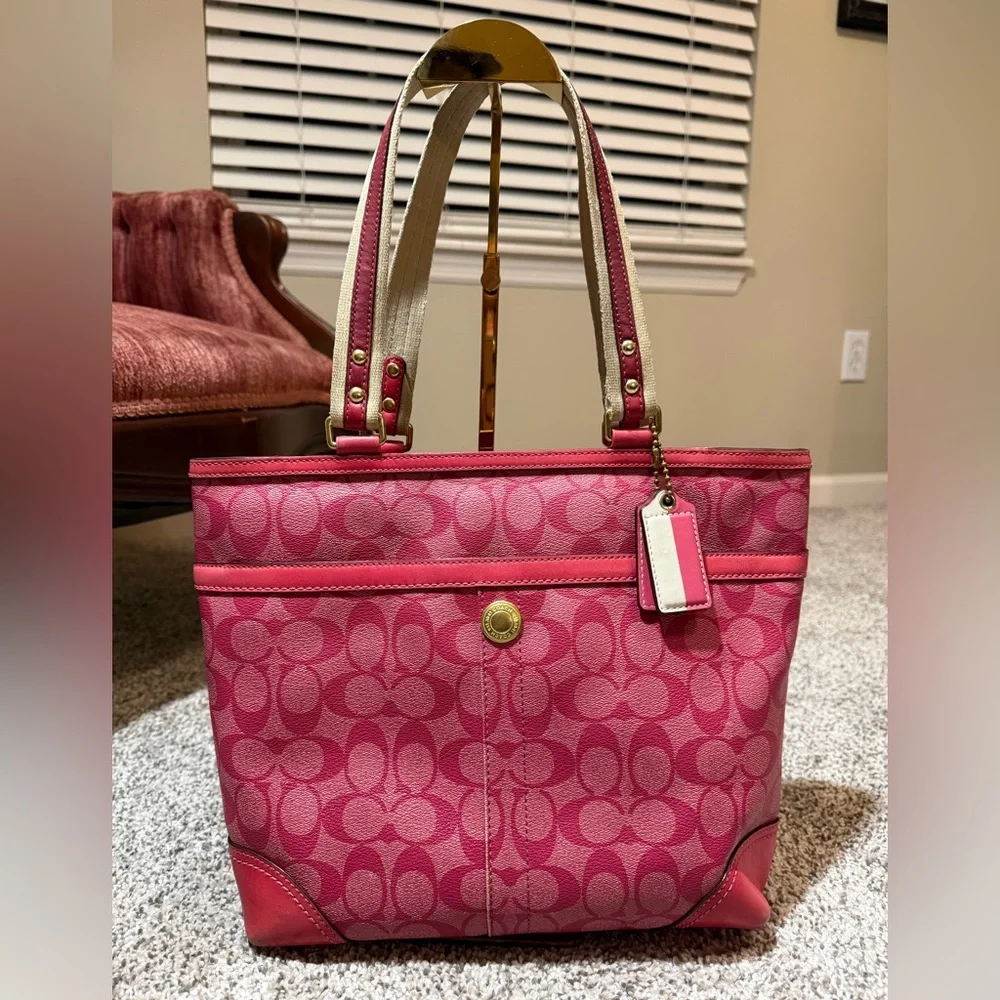 Y2K Vintage Coach Pink Heritage Stripe Signature Tote from 2008 - Picture 1 of 10